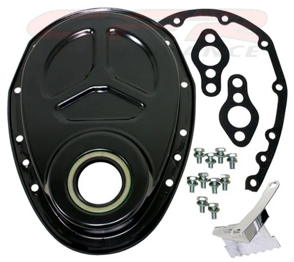 1955-95 CHEVY SMALL BLOCK 283-305-327-350-400 ALUMINUM TIMING CHAIN COVER SET (ROLLER CAM) - BLACK