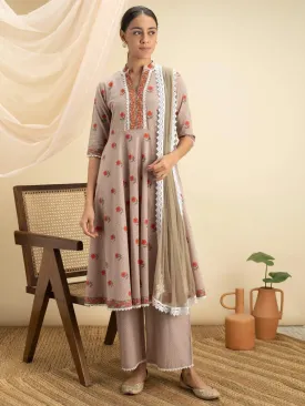 Beige Printed Cotton A-Line Kurta With Palazzos & Dupatta