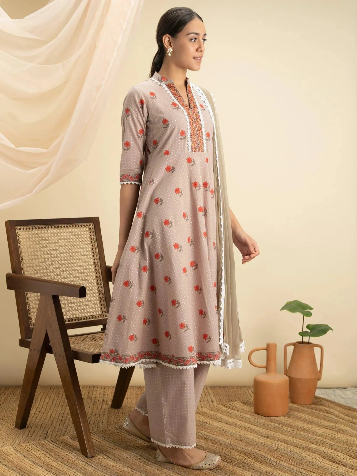 Beige Printed Cotton A-Line Kurta With Palazzos & Dupatta