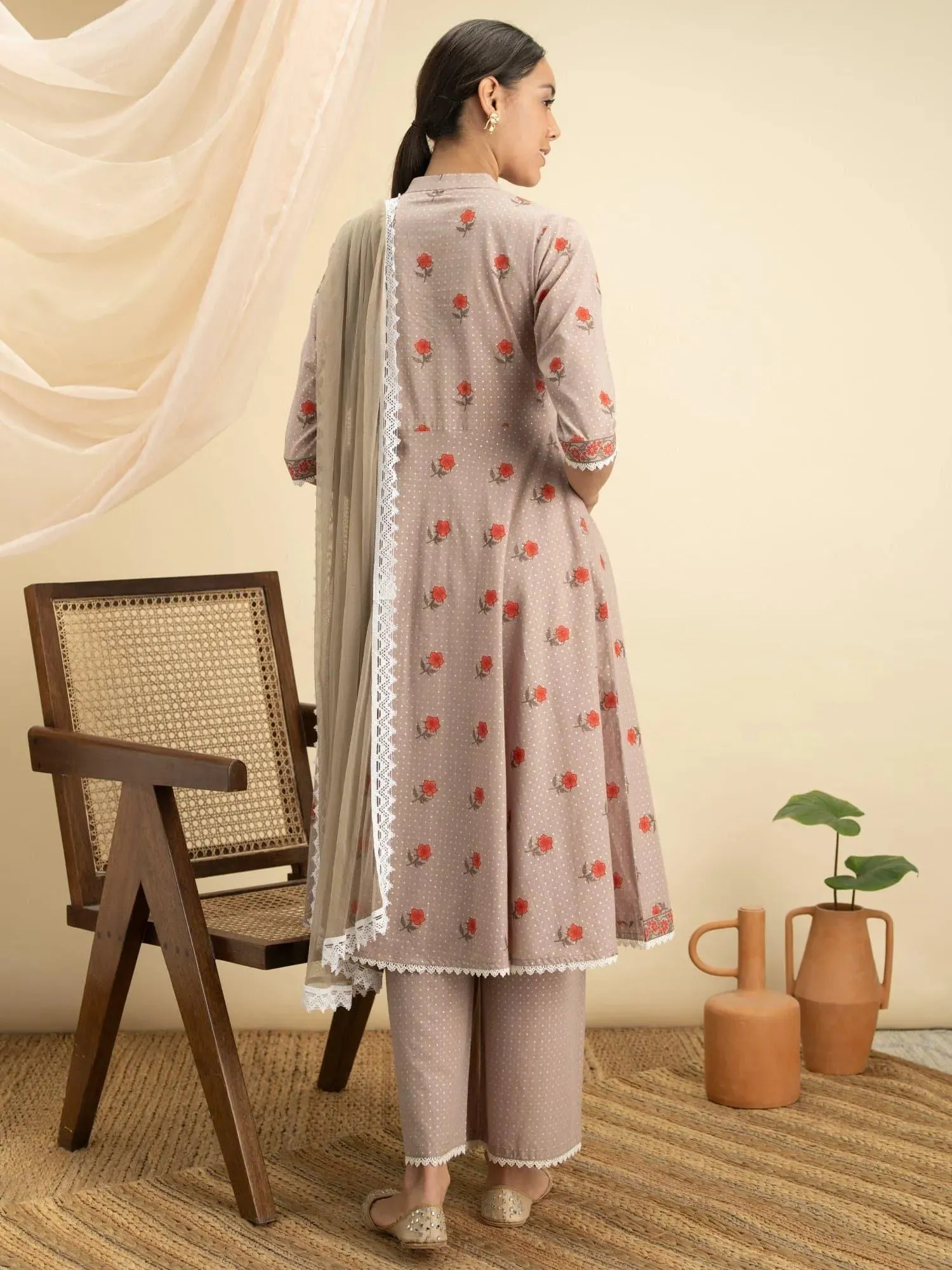 Beige Printed Cotton A-Line Kurta With Palazzos & Dupatta