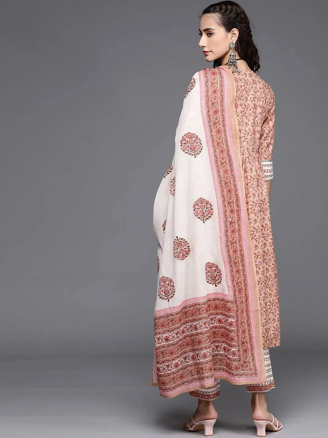 Beige Printed Cotton Anarkali Kurta With Dupatta