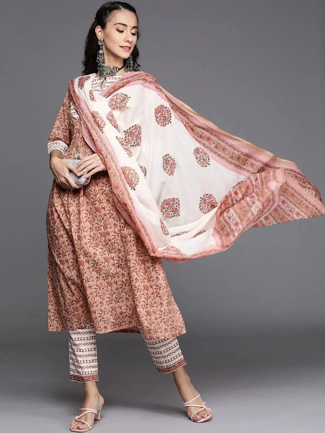 Beige Printed Cotton Anarkali Kurta With Dupatta