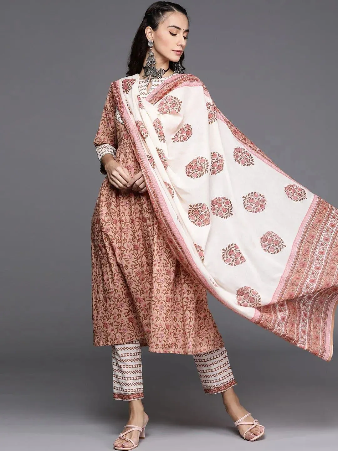 Beige Printed Cotton Anarkali Kurta With Dupatta