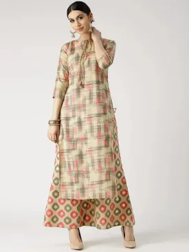 Beige Printed Cotton Straight Kurta With Palazzos