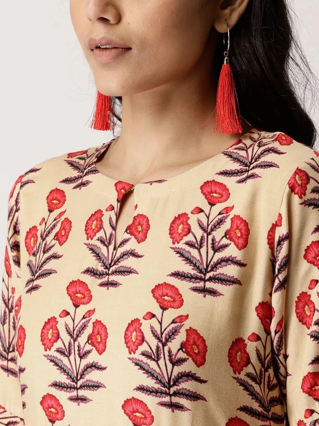Beige Printed Rayon Anarkali Kurta With Palazzos