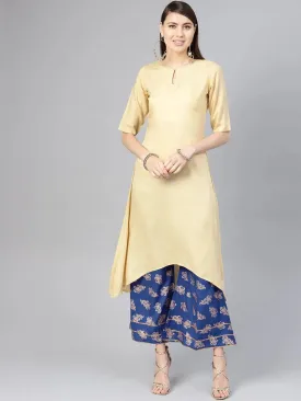 Beige Solid Rayon A-Line Kurta With Palazzos