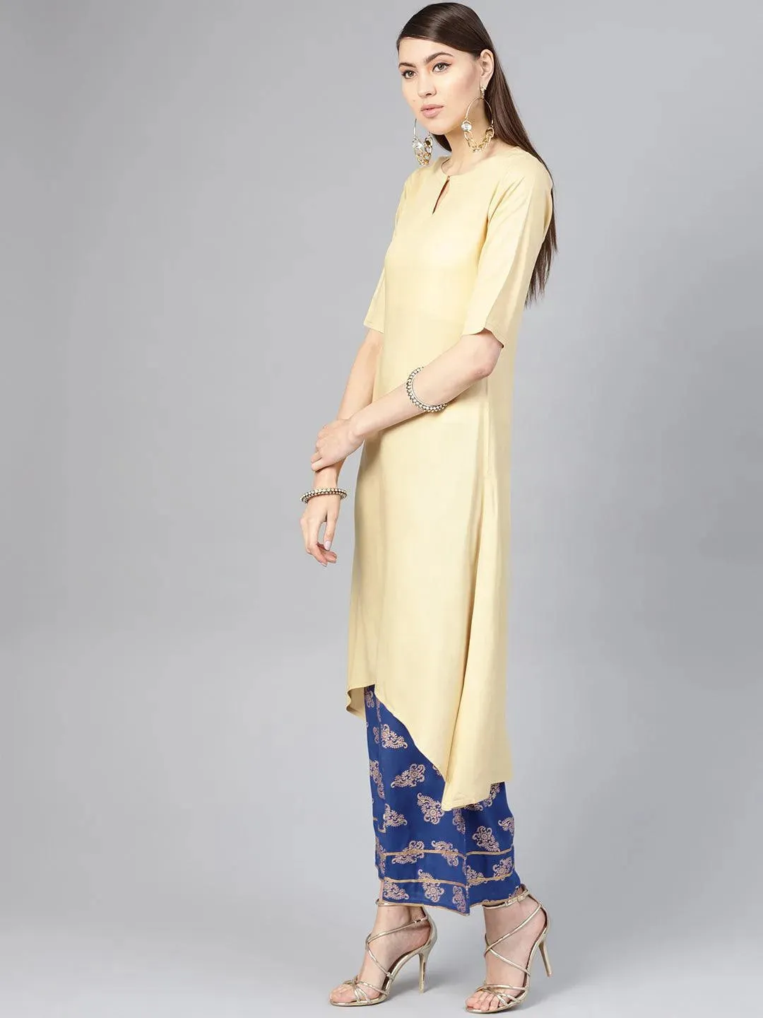 Beige Solid Rayon A-Line Kurta With Palazzos