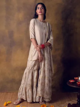 Beige Solid Silk Blend Straight Kurta With Sharara & Dupatta