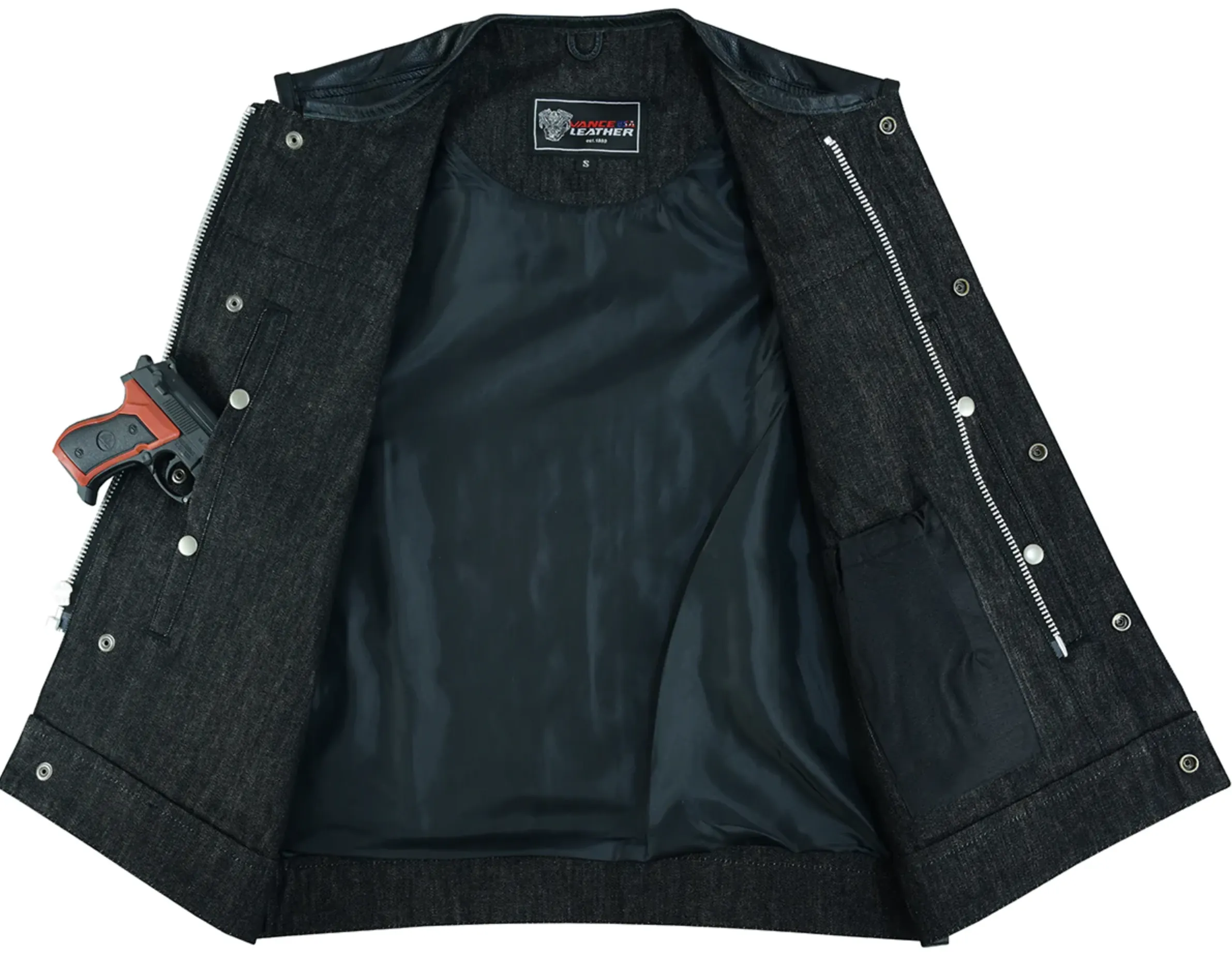 'Big Bloke' Denim & Leather (chest trim) Trim Outlaw Club Style Waistcoat / Cut by Vance Leathers USA