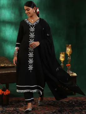 Black Embroidered Cotton Straight Suit With Dupatta