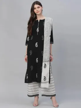 Black Printed Cotton Straight Kurta With Palazzos & Dupatta