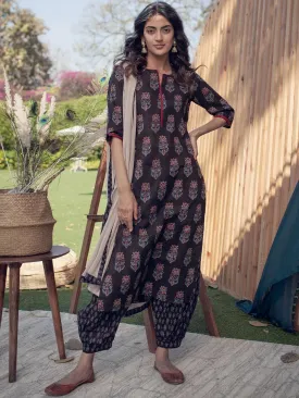 Black Printed Cotton Straight Kurta With Salwar & Dupatta