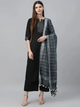 Black Solid Cotton Straight Kurta With Palazzos & Dupatta