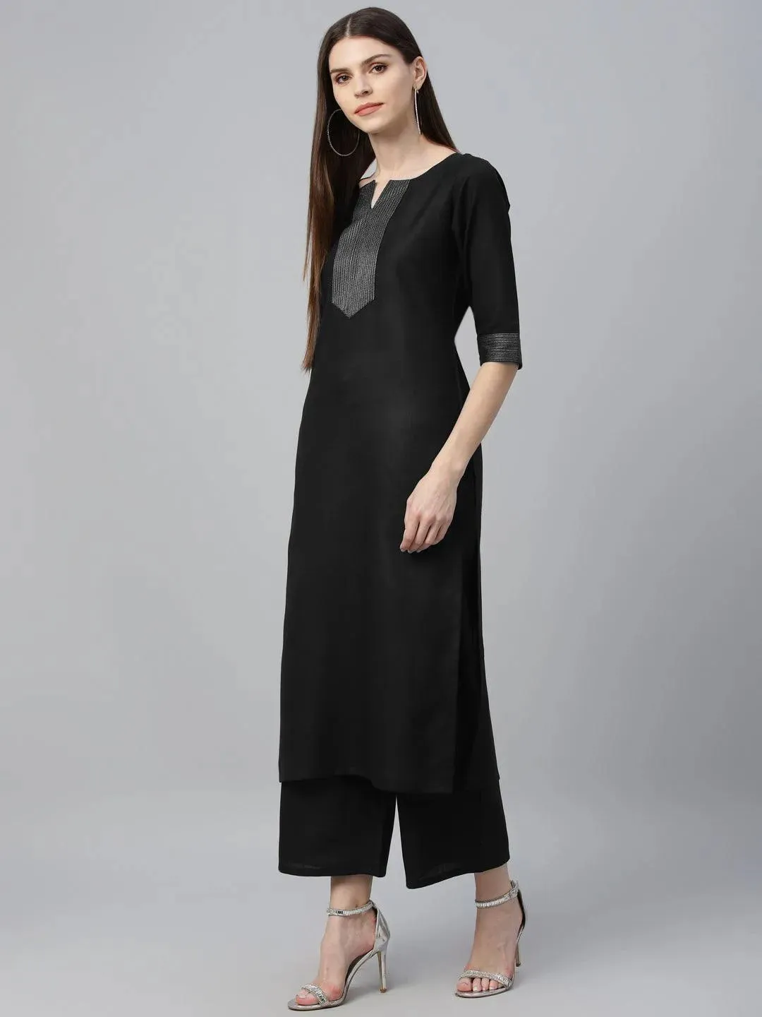 Black Solid Cotton Straight Kurta With Palazzos & Dupatta