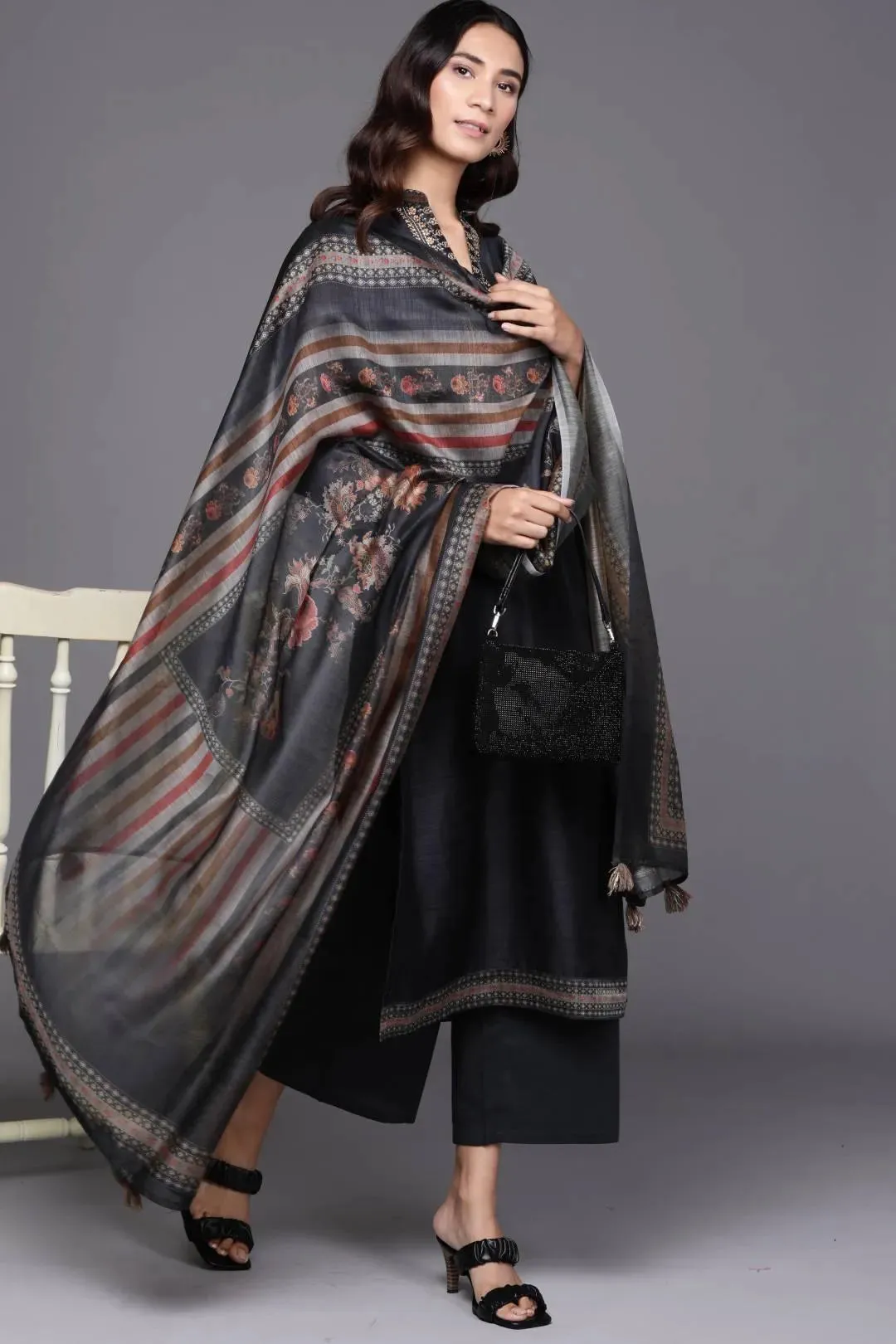 Black Solid Silk Blend Straight Kurta With Palazzos & Dupatta