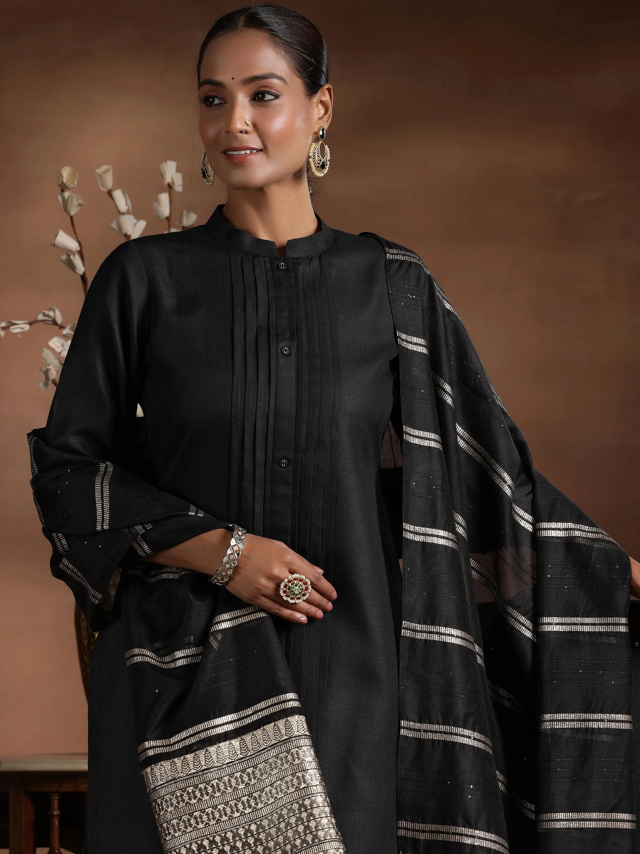 Black Solid Silk Blend Straight Suit With Dupatta