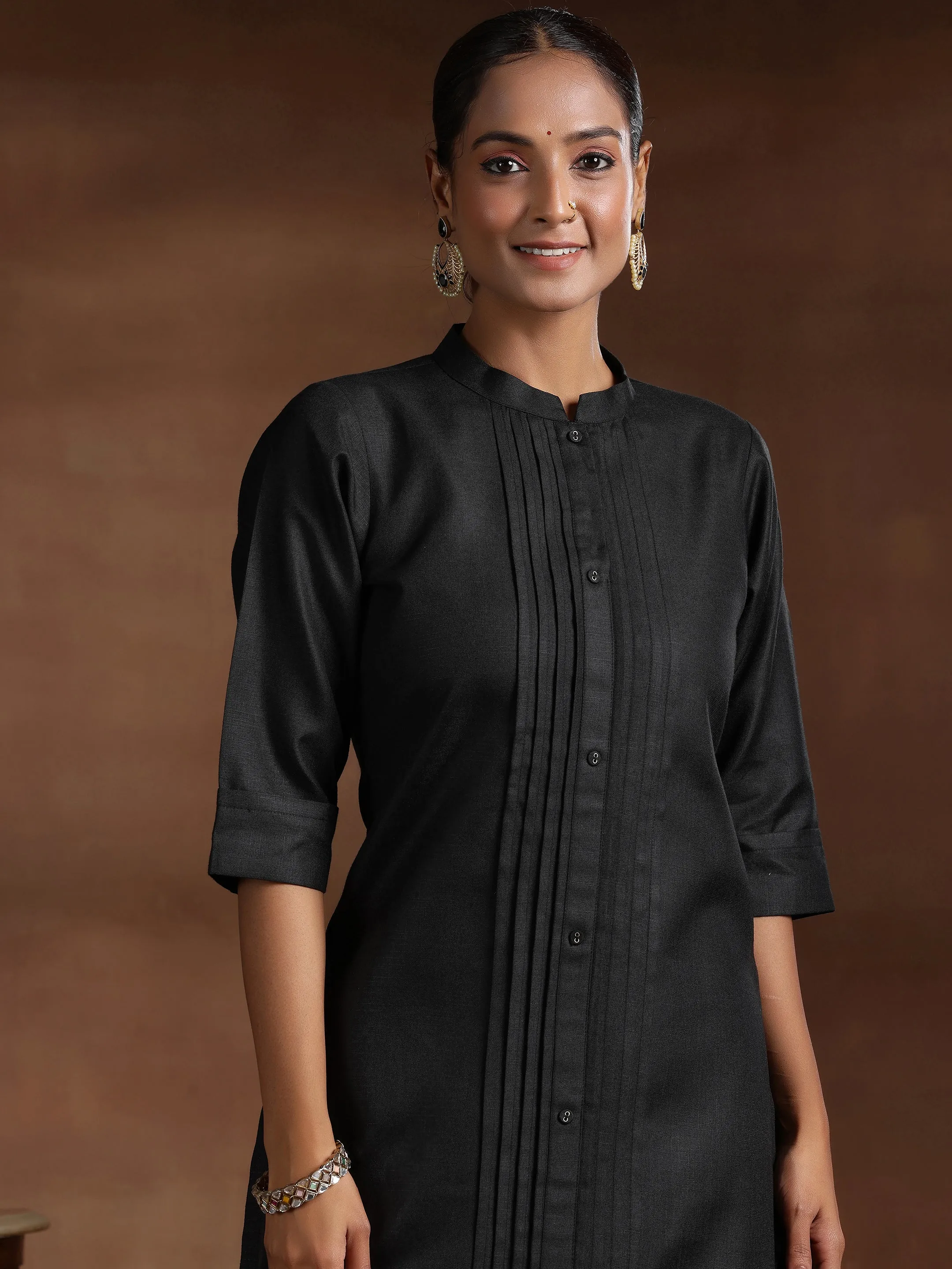 Black Solid Silk Blend Straight Suit With Dupatta