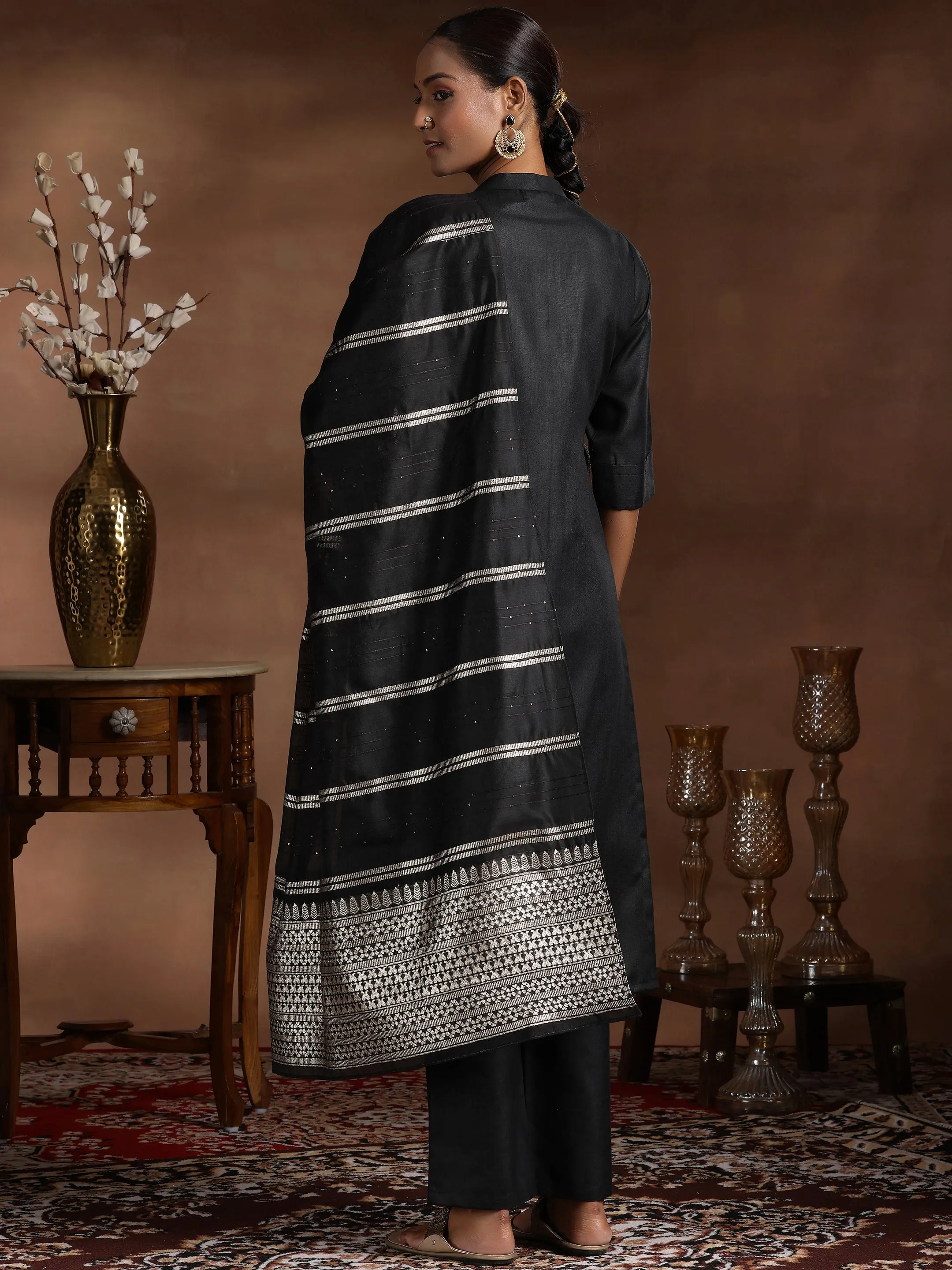 Black Solid Silk Blend Straight Suit With Dupatta