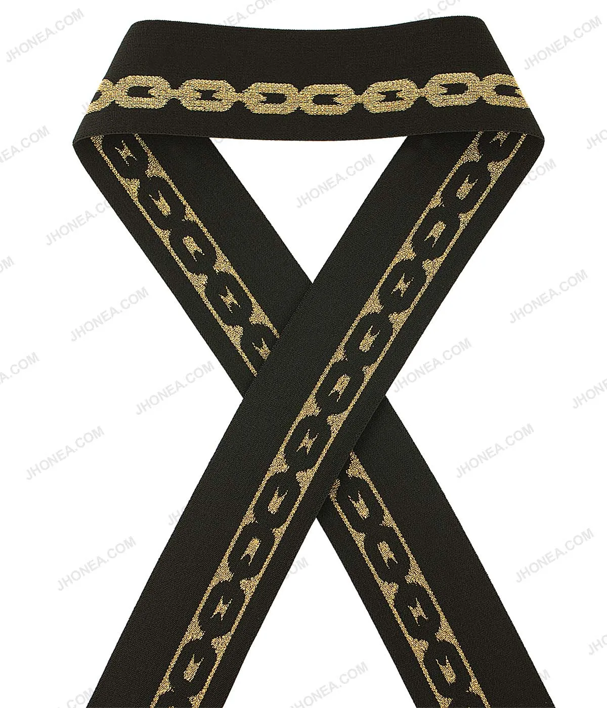 Black with Shiny Metallic Gold Lurex Thread Chain Design Glitter Elastic