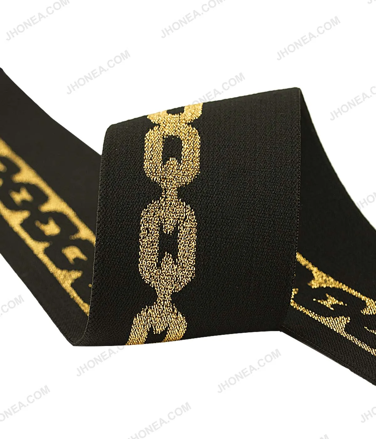 Black with Shiny Metallic Gold Lurex Thread Chain Design Glitter Elastic