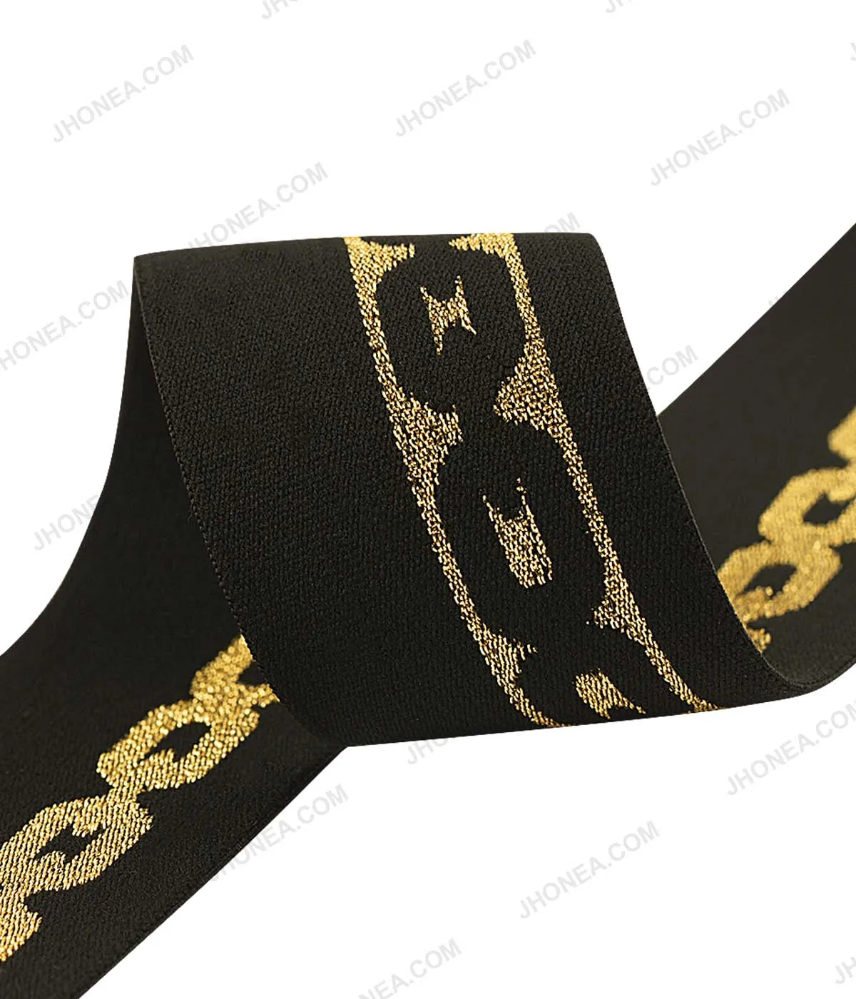 Black with Shiny Metallic Gold Lurex Thread Chain Design Glitter Elastic