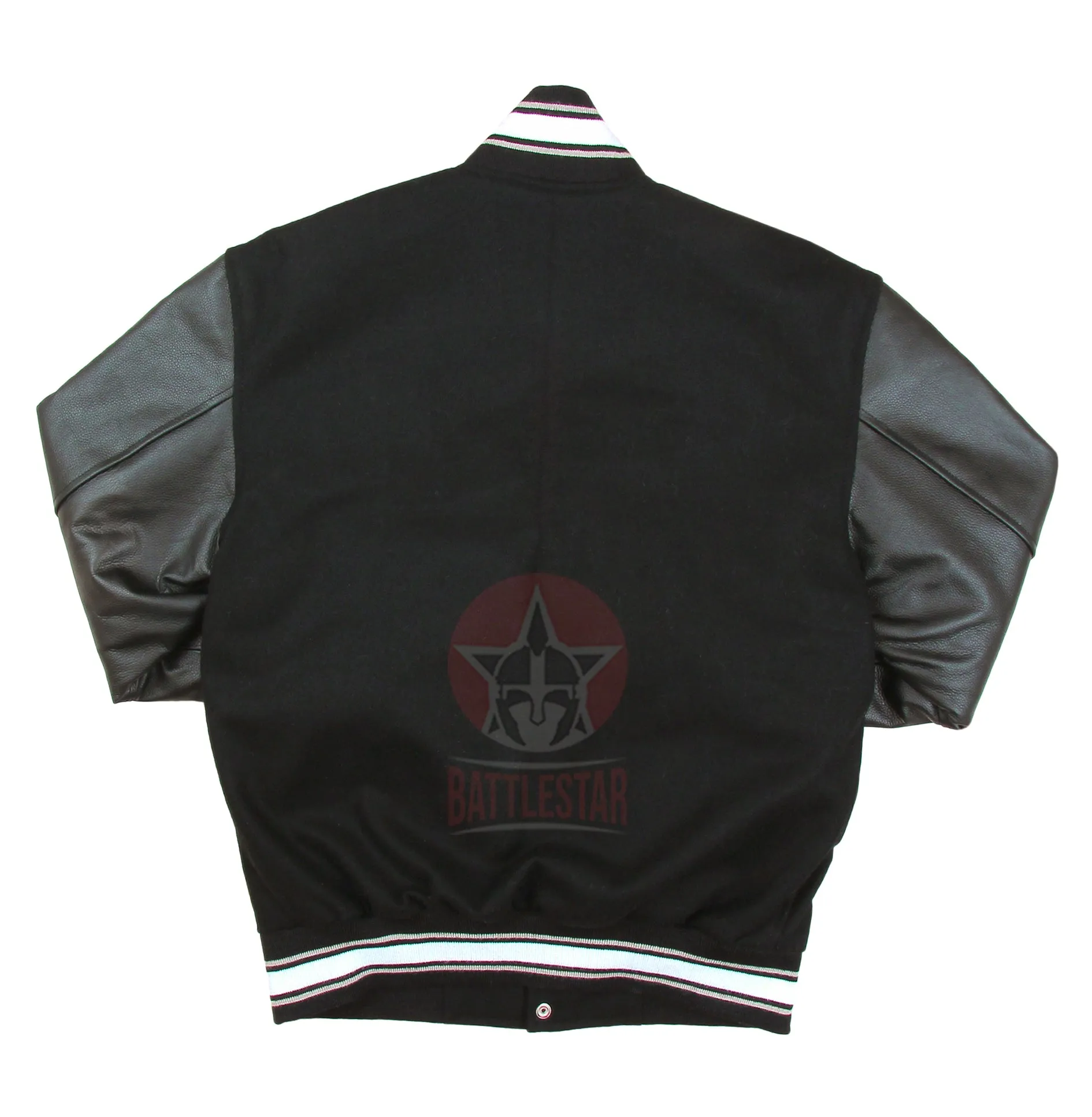 Black Wool Leather Sleeves White Rib Varsity Jacket