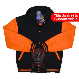 Black Wool Orange Leather Sleeves Hooded Varsity Jacket