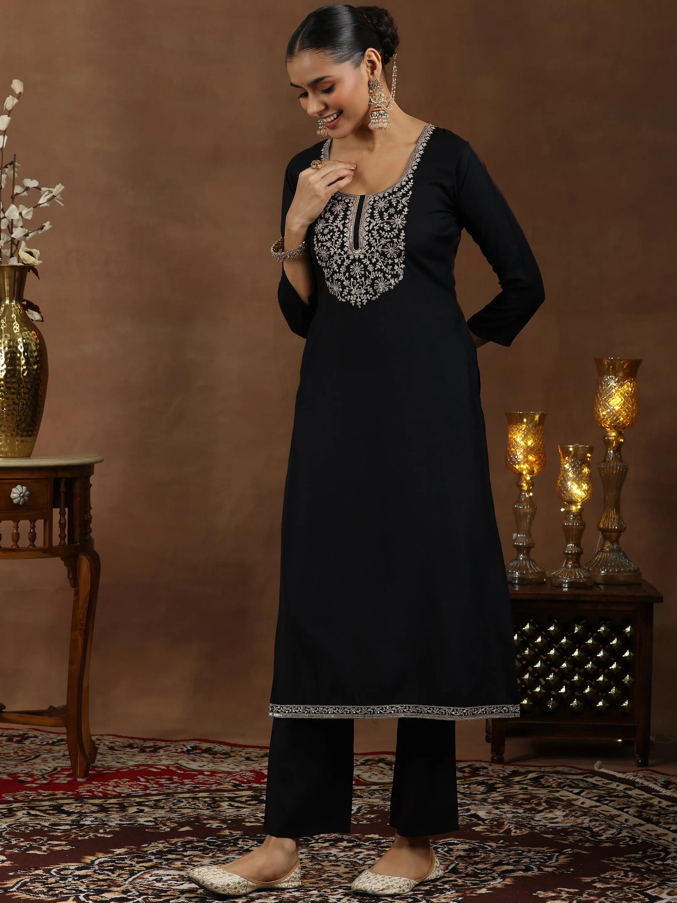 Black Yoke Design Silk Blend Straight Suit With Dupatta