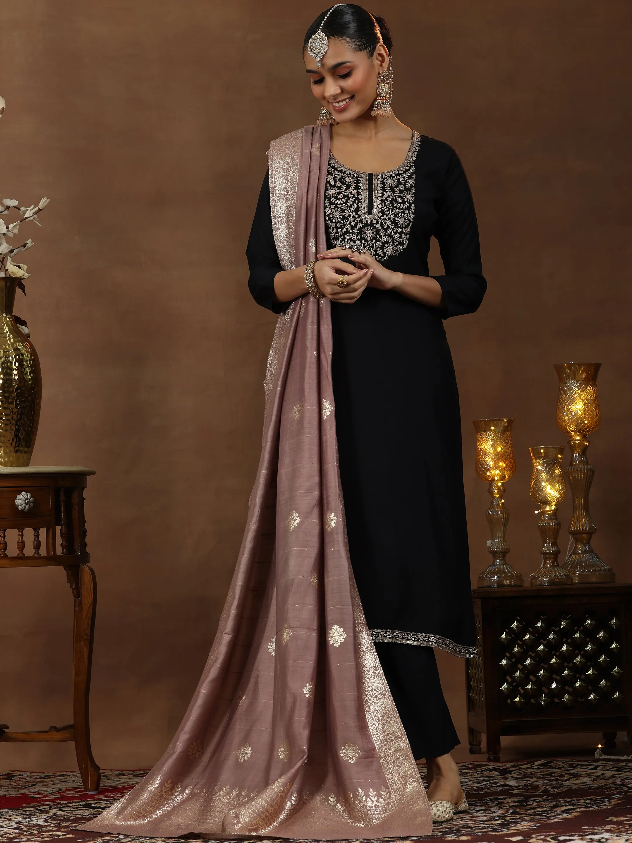 Black Yoke Design Silk Blend Straight Suit With Dupatta