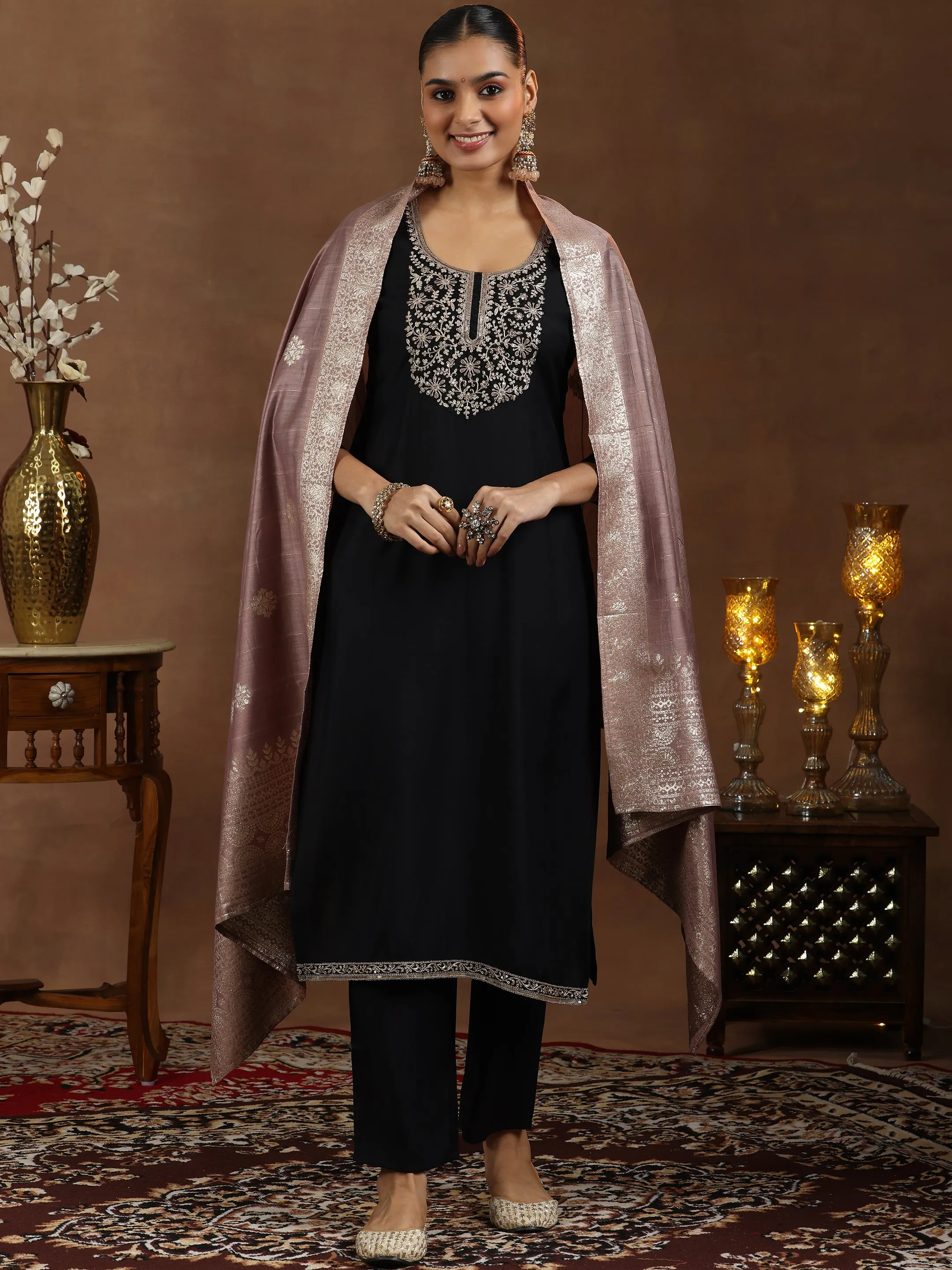 Black Yoke Design Silk Blend Straight Suit With Dupatta