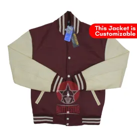 Chocolate Brown Wool Varsity Jacket with Cream Leather Sleeves – Stylish and Comfortable Outerwear for Men/Women