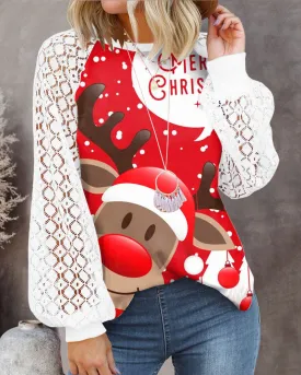 Christmas Crew Neck Printed Lace Lantern Long Sleeve T-Shirt