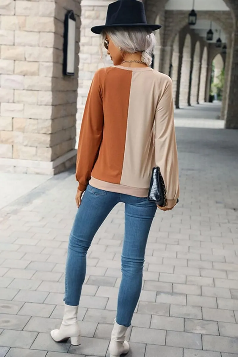 COLOR BLOCK ROUND NECK CASUAL TOP