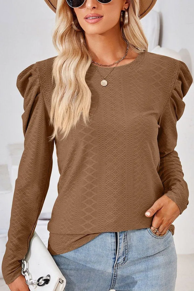 CREW NECK PUFF SLEEVE BLOUSE TEE FOR WOMEN