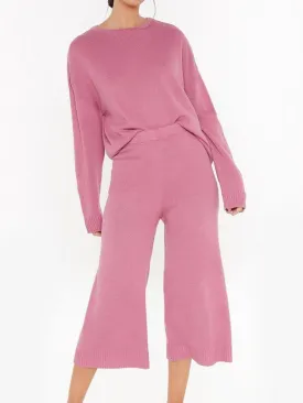 Crew Neck Solid Color Knit Top Pants Two Piece Suit