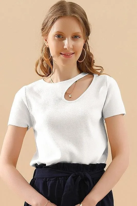 CUT OUT NECK SHORT SLEEVE CASUAL TOP