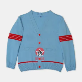 Handmade Unisex Jacquard Knitted Sky Blue & Red Cardigan School College Graduation Greek Sweater