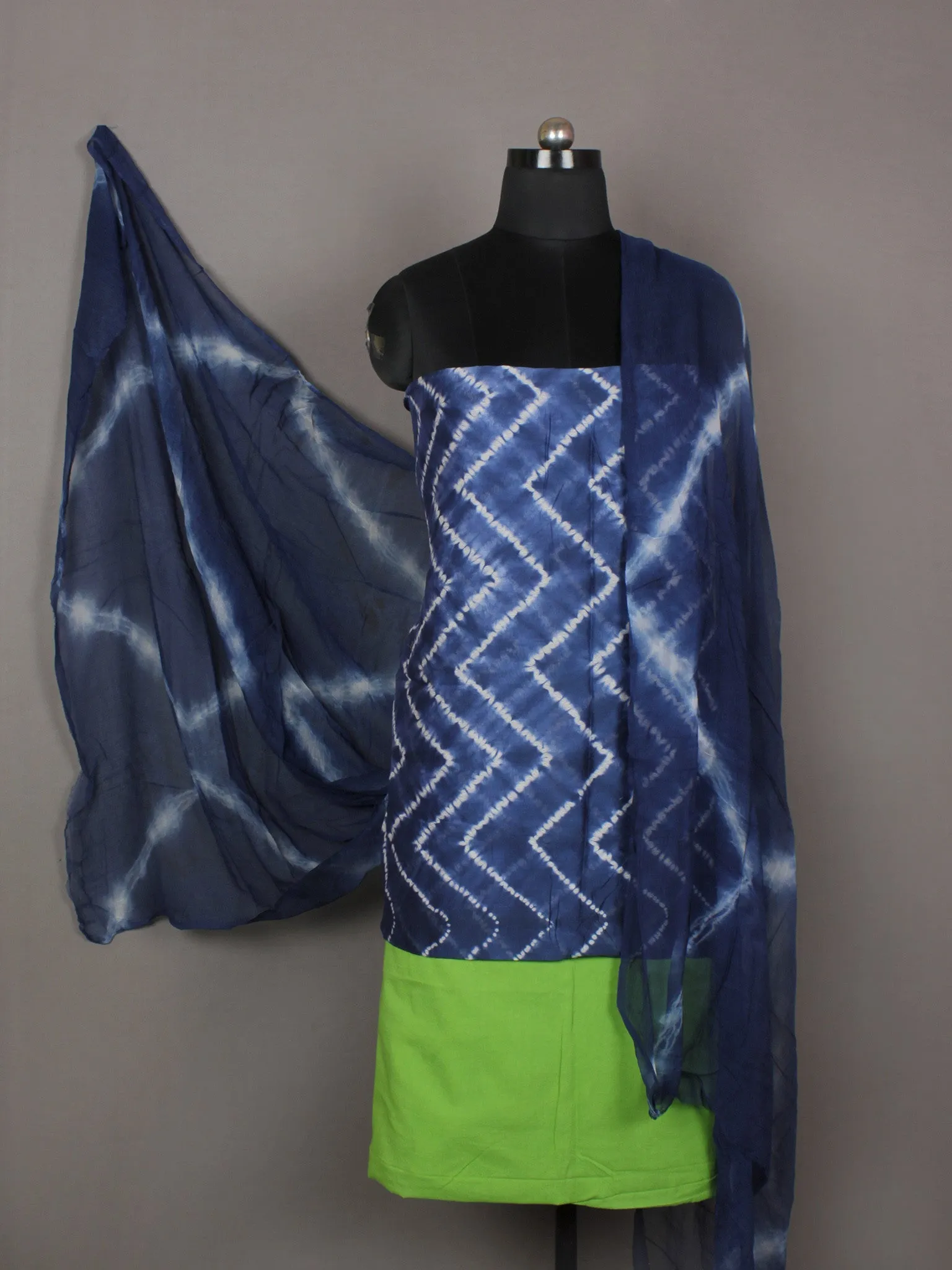 Indigo Ivory Lime Green Hand Shibori Dyed Chanderi Kurta & Chiffon Dupatta With Cotton Salwar Fabric Set of 3- S1628202