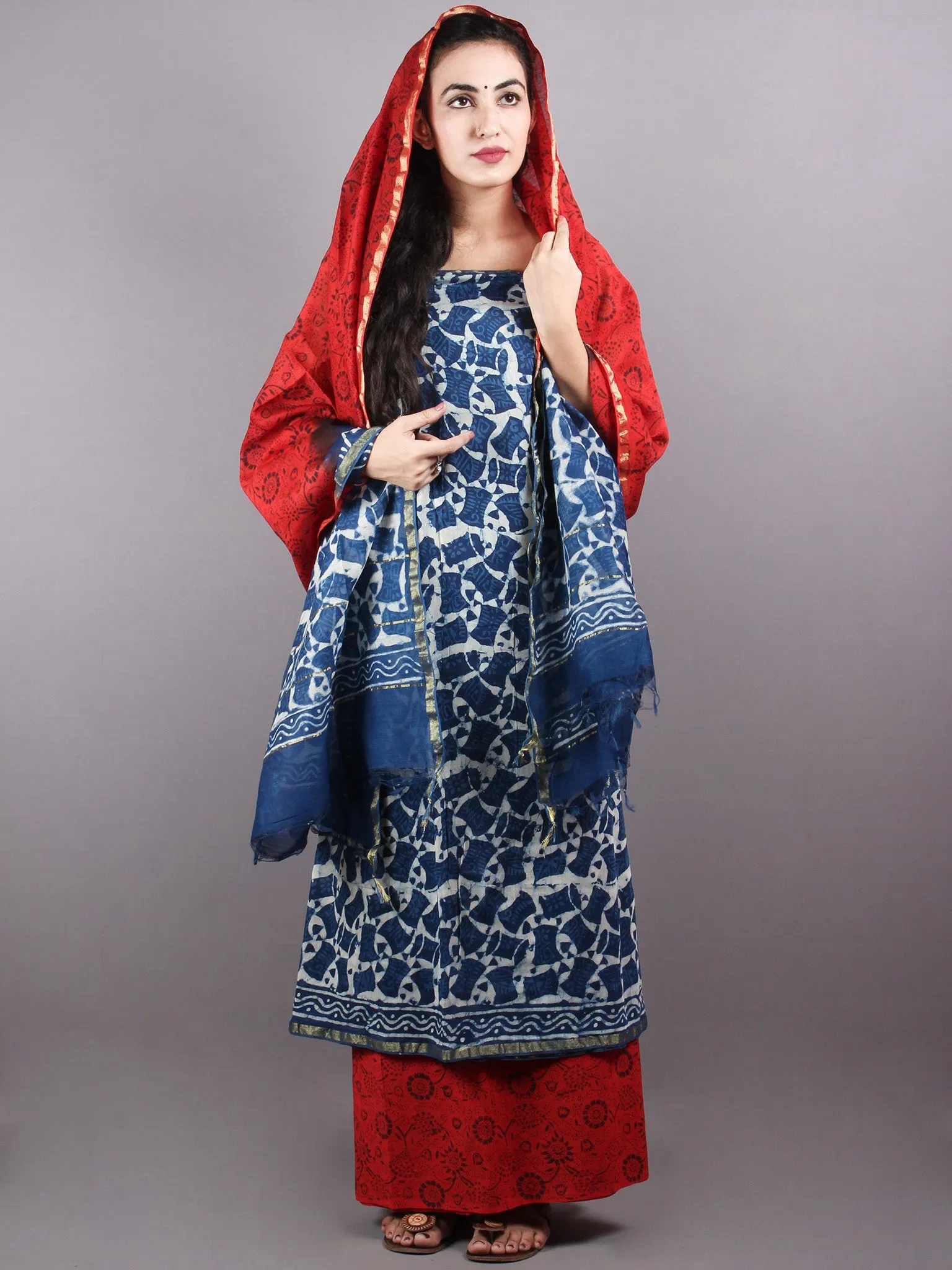 Indigo Red Hand Block Printed Chanderi Unstitched Kurta & Chanderi Dupatta With Cotton Salwar - S1628008