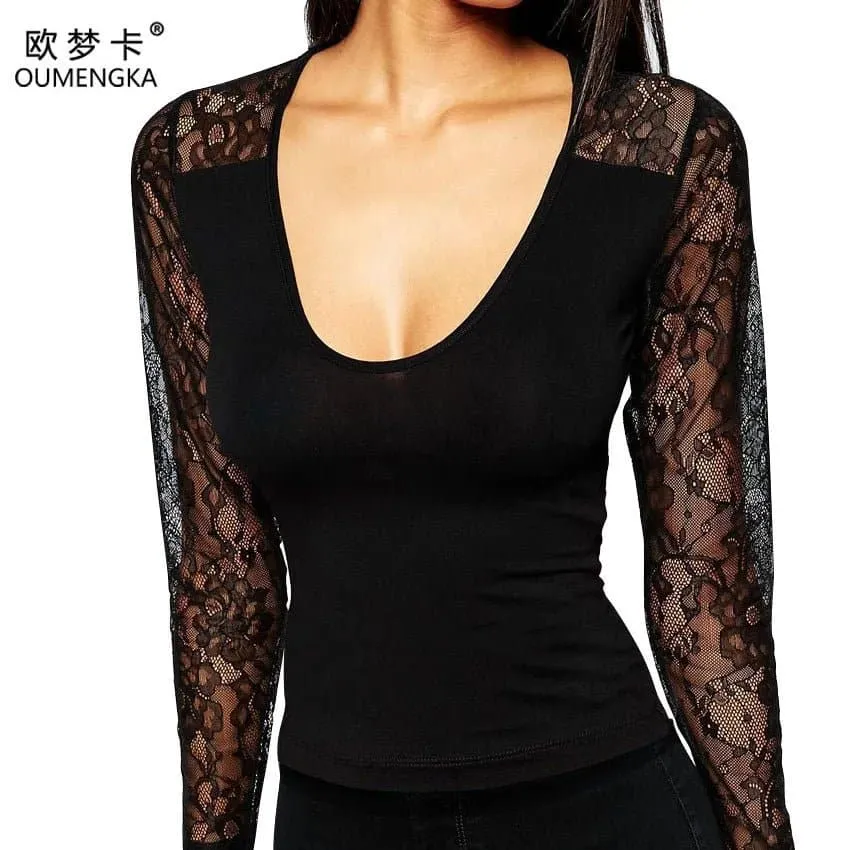 Lace Patchwork O-Neck Shirt with Full Sleeves - Trendy Spring/Summer Top