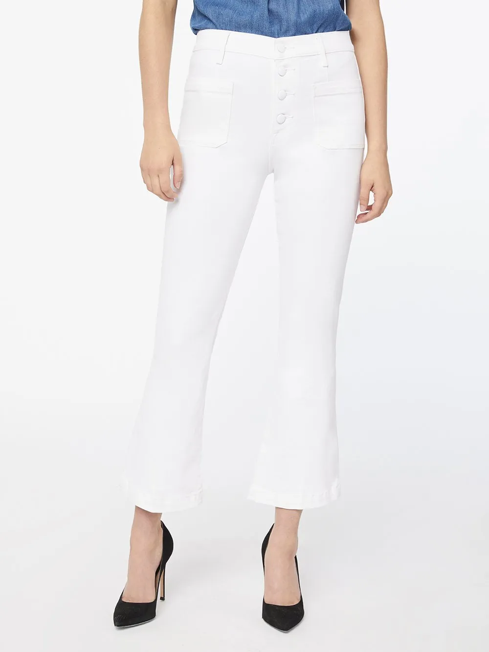 Le Bardot Crop Flare Exposed Buttons -- Blanc