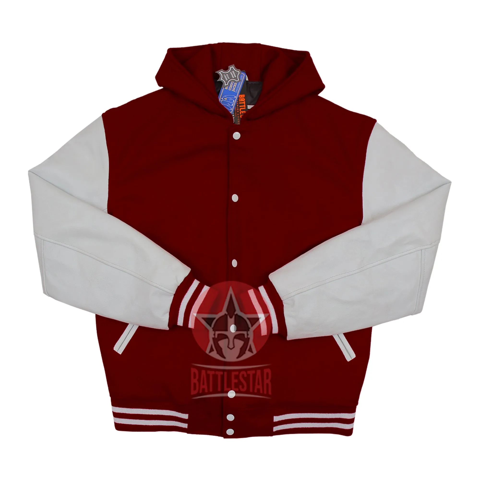 Maroon Wool White Leather Sleeves Hooded Varsity Jacket