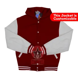 Maroon Wool White Leather Sleeves Hooded Varsity Jacket