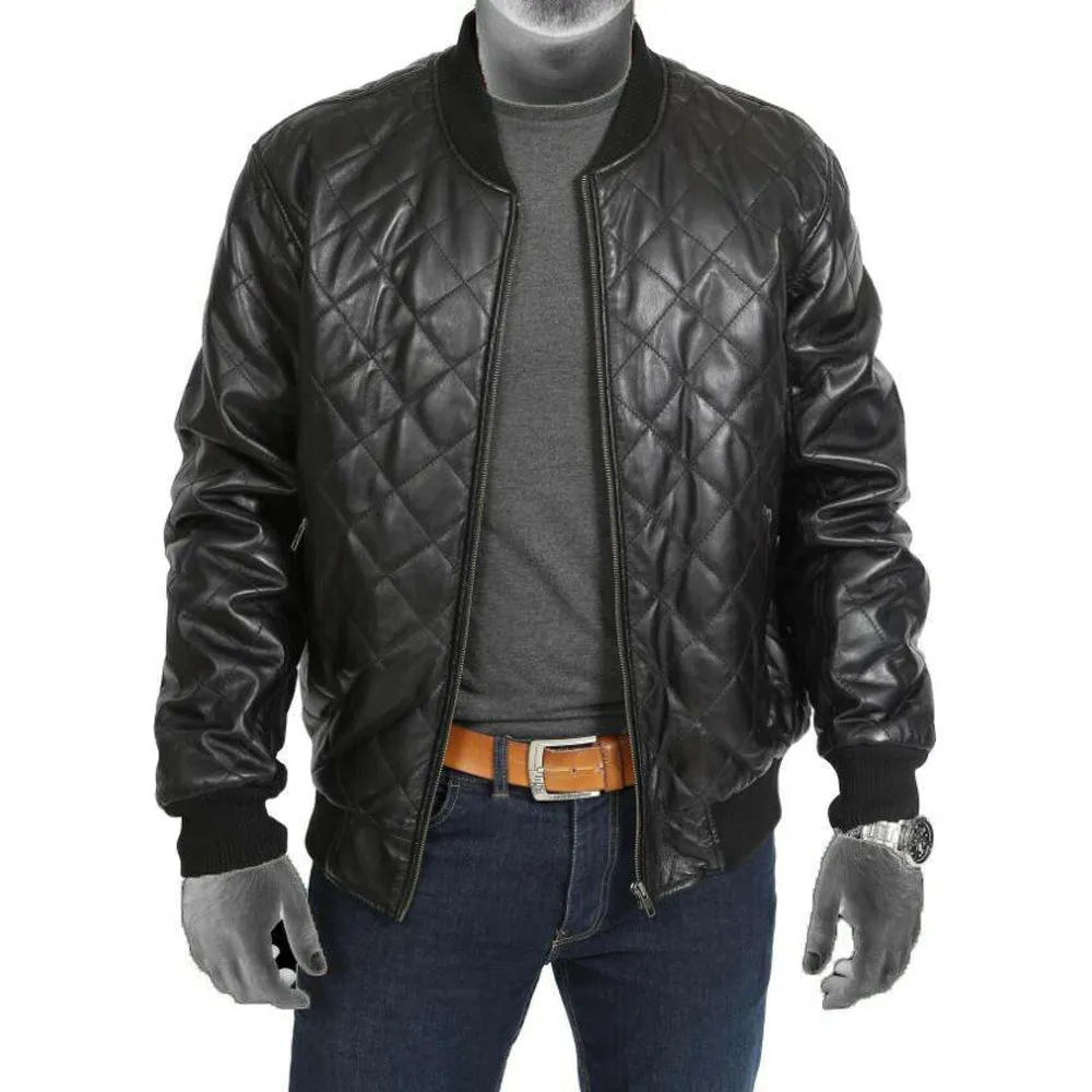 Men's New Style Black Real Leather Quilted Bomber Jacket