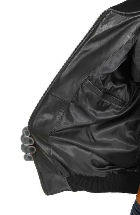 Men's New Style Black Real Leather Quilted Bomber Jacket