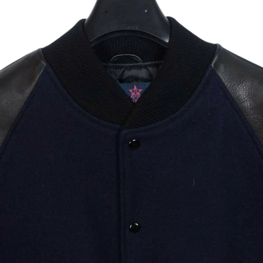 Navy Blue Raglan Sleeves Wool Leather Varsity Jacket