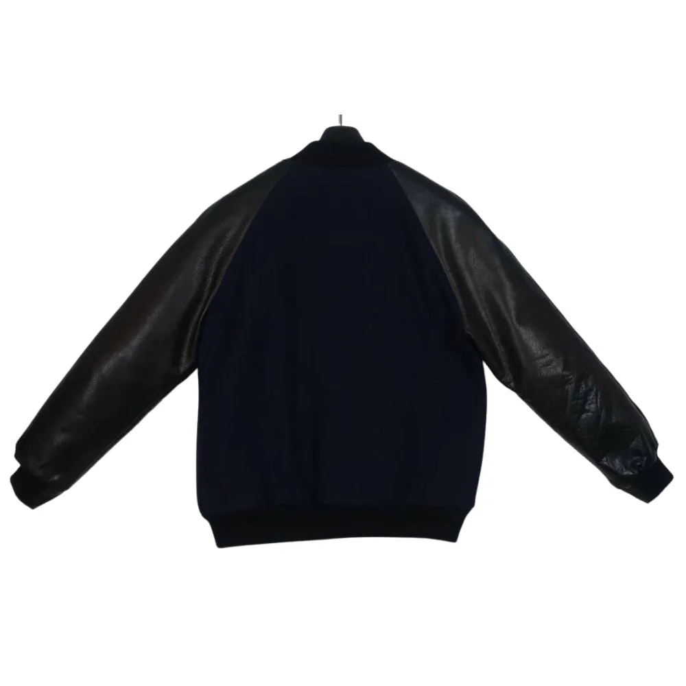 Navy Blue Raglan Sleeves Wool Leather Varsity Jacket