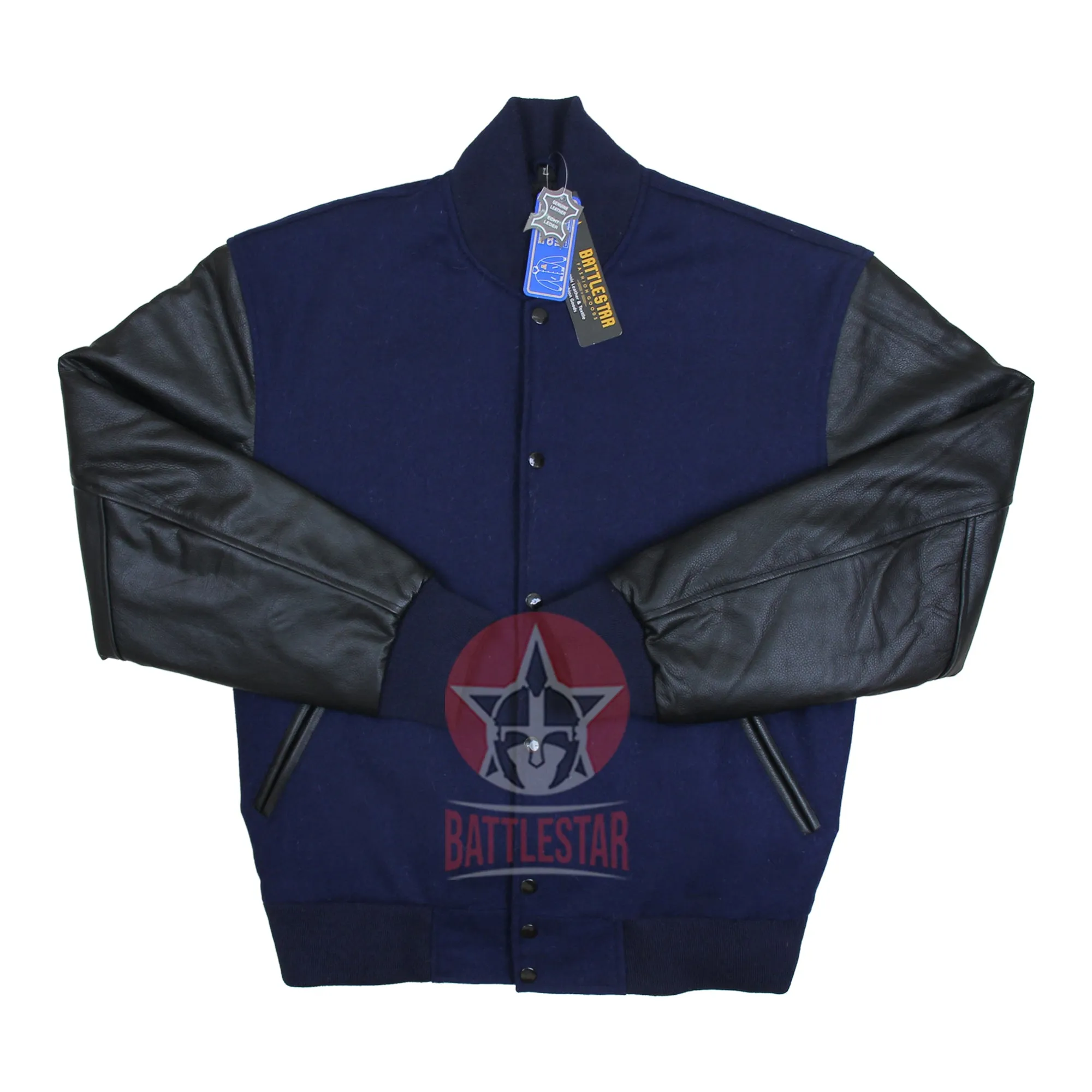 Navy Blue Wool Black Leather Sleeves Retro Varsity Jacket