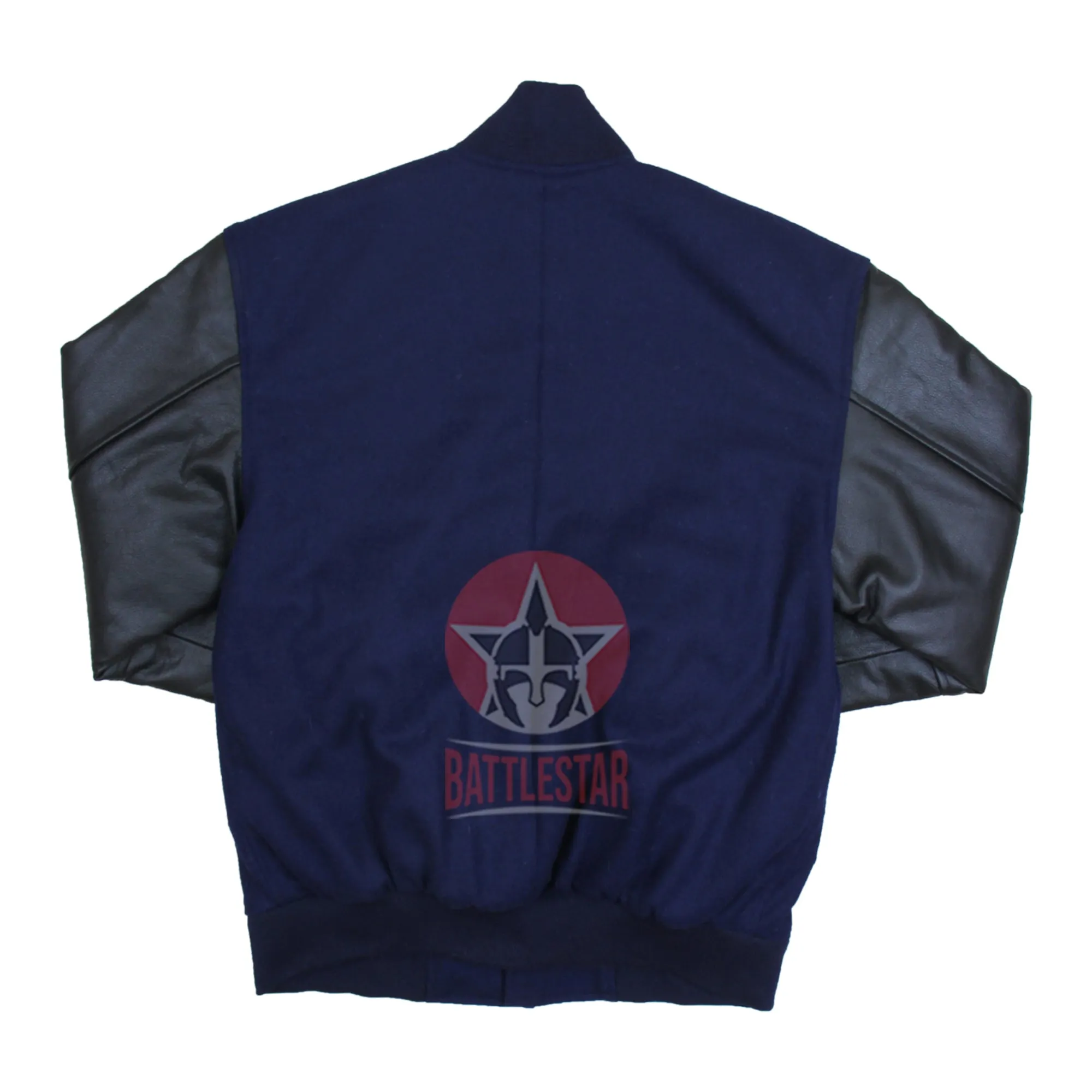 Navy Blue Wool Black Leather Sleeves Retro Varsity Jacket