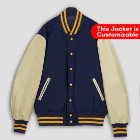 Navy Blue Wool Cream Leather Sleeves Varsity Jacket